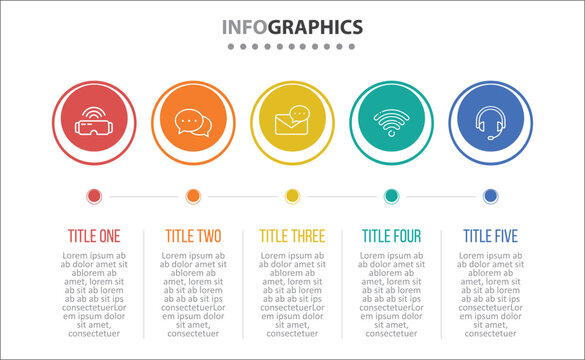 Vector Infographic design with icons. process diagram, flow chart, info graph, Infographics for business concept, presentations banner, workflow layout. 5 options or 5 steps. Horizontal Steps