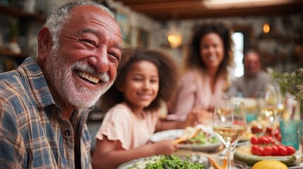 happy latin family having fun eating together at home  focus on grandfather face no logos no brands ar 169