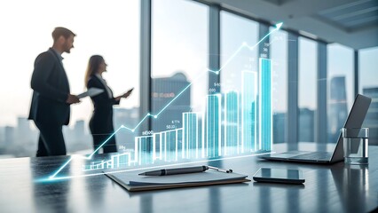 Corporate success concept: holographic bar graphs and line charts growing upward from a sleek office table, executives in soft-focus background.