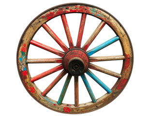 Decorative Painted Wooden Cart Wheels with Detailed Spokes, Transparent Background
