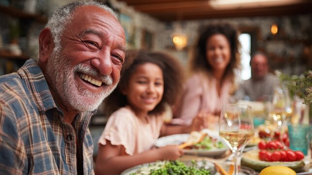 happy latin family having fun eating together at home  focus on grandfather face no logos no brands ar 169 - Powered by Adobe