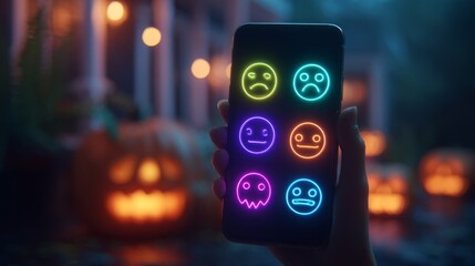 Hand Holding Smartphone Displaying Glowing Emojis at Night