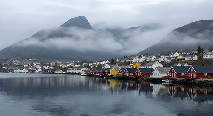 A tranquil scene of a Norwegian fjord town in a hazy atmosphere showcases colorful waterfront homes reflected in the still water, perfect for travel or landscape ads.