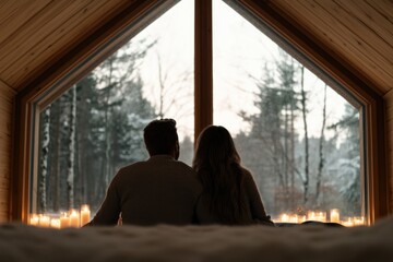 Cozy couple enjoying serene winter landscape through large windo