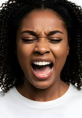 African American woman in a white t-shirt displaying an intense expression of anger/frustration with mouth wide open. Close-up view against a plain white background.