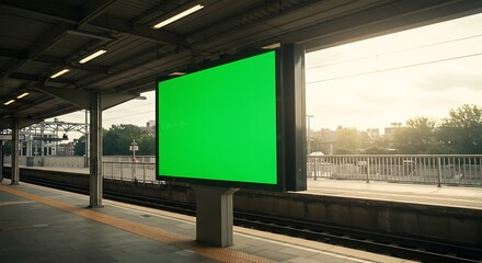 Blank green screen billboard on an empty train station platform, an ideal mockup for outdoor advertising and public announcements