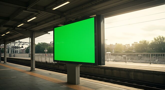 Blank green screen billboard on an empty train station platform, an ideal mockup for outdoor advertising and public announcements