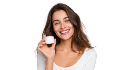 A joyful woman holding a small cream jar, smiling brightly against a white background.