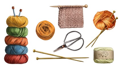 Yarn crafting supplies arranged with colorful skeins, knitting tools, and scissors on a plain background