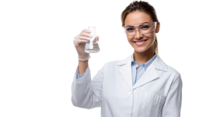 A smiling scientist in a white lab coat holding a test tube, isolated on a white background.