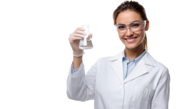 A smiling scientist in a white lab coat holding a test tube, isolated on a white background.