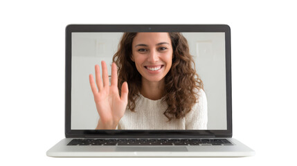 A woman is smiling and waving at her laptop camera, showcasing a friendly virtual interaction.