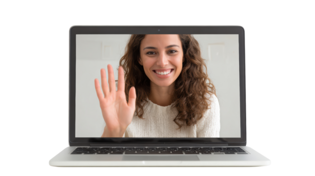 A woman is smiling and waving at her laptop camera, showcasing a friendly virtual interaction.