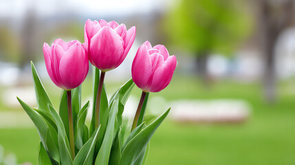 Fototapeta premium Beautiful pink tulips bloom vibrantly in a lush green garden, symbolizing spring and renewal.