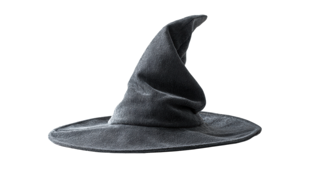 Black witch hat with pointed design, isolated on white background.