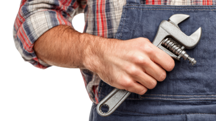 Close-up of a worker holding a wrench, showcasing plumbing tools against a white background.