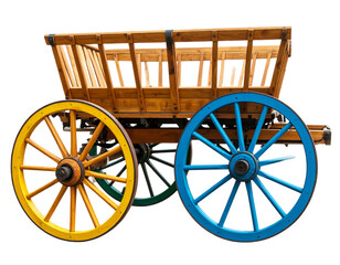 Fototapeta premium Vintage Wooden Wagon Wheels in Bright Colors, Transparent PNG