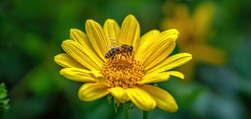 The Bee on a Yellow Daisy Captured in Sharp Macro with Soft Green Bokeh