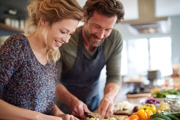 Joyful couple preparing healthy meals together, focusing on alle