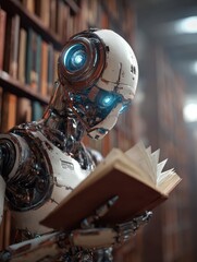 Fototapeta premium intelligent robot with glowing blue eyes intently reading an open book in a vast library