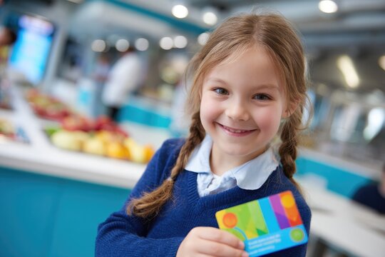 Smiling girl holds food card in bright cafeteria, showcasing all