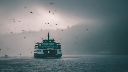 Moody Ferry in Foggy Seascape: Birds in Flight, Dramatic Coastal Scene