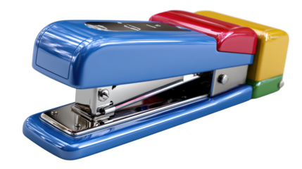 Colorful stapler on a white isolated background for office supplies.