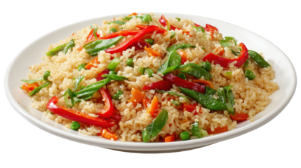 Delicious fried rice with colorful vegetables on a white plate, isolated on white background.
