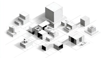 Isometric rendering of various architectural forms on a grid, depicting shapes