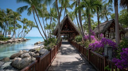 Fototapeta premium Wooden Pathway Leads to Tropical Beach Through Lush Greenery
