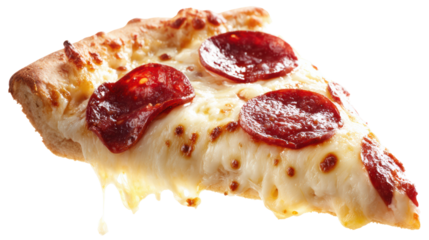 Delicious slice of pepperoni pizza with melted cheese and dripping essence, isolated on white background.