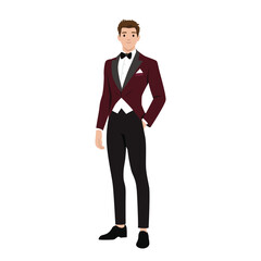 Confident man wearing a burgundy tuxedo with a bow tie, standing with a relaxed pose. Flat vector illustration isolated on white background