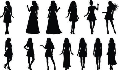 Silhouettes of fashionable women in dresses, walking and posing, elegant female figures, modern fashion concept, beauty, style, vector illustration