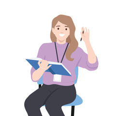 Cheerful student sitting on a chair, holding a notebook and raising her hand with a pen. Flat vector illustration isolated on white background