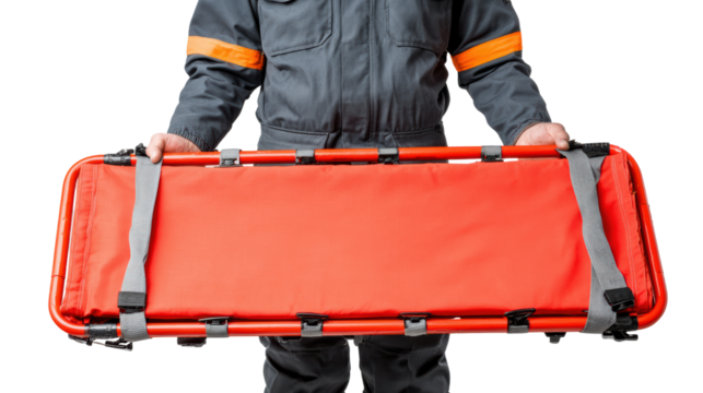 Emergency responder holding a bright red stretcher for medical transport against white background.