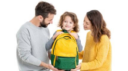 Family moment, happy child with yellow backpack, parents smiling, joyful atmosphere, cheerful mood, close-up.