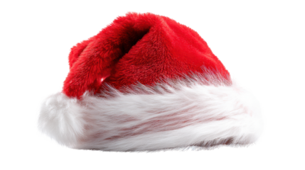 Festive Santa hat with fluffy white trim on a white isolate background.