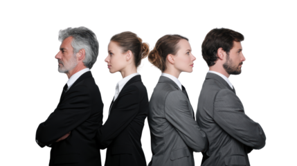 Four professionals standing back to back in stylish suits, conveying teamwork and opposition.