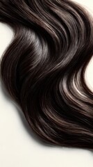 Fototapeta premium Glossy black hair strand with golden highlights flowing gracefully, displaying soft waves against pristine white backdrop, representing hair care elegance