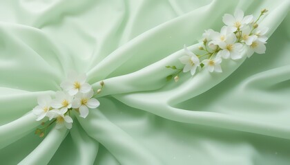 Elegant White Flowers on Soft Mint Green Satin Fabric with Gentle Drapes