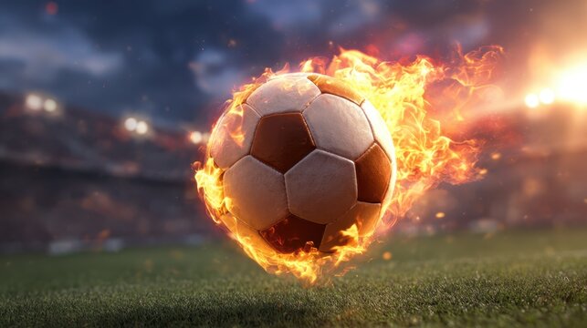 Fiery soccer ball suspended over grassy stadium field, sunset casting dramatic light and conveying intense competitive spirit