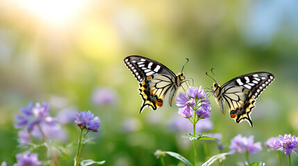 Two beautiful butterflies fluttering above delicate purple flowers in a soft, sunlit garden setting.