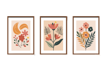 Three framed abstract floral illustrations with warm earthy tones and botanical elements