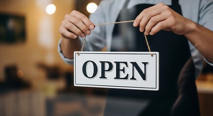 Open sign displayed by person hanging business