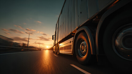 Fast Semi-Truck Driving on Highway at Sunset; Dramatic Cinematic Shot