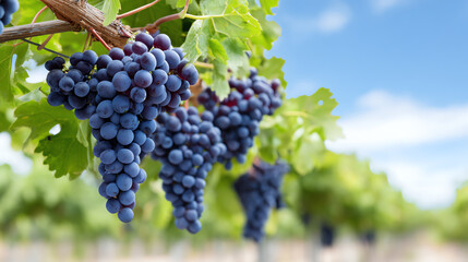 Vibrant grapes hanging from a vine in a picturesque vineyard under a clear blue sky, showcasing the beauty of nature's bounty.