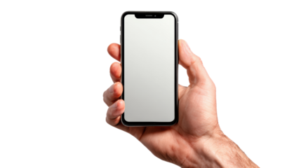 Hand holding a modern smartphone with a blank screen, isolated on white background.