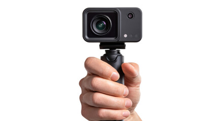 Hand holding an action camera on a white isolated background.