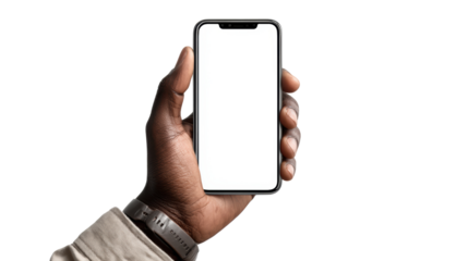 Hand holding smartphone with blank screen, perfect for app display or promotional content.