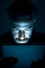 Intense Man Using Tablet in Dark, Low-Key Dramatic Portrait, Cybersecurity, Hacker, Mystery, Technology